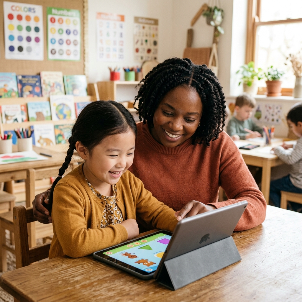 Adult and child learning together with a tablet